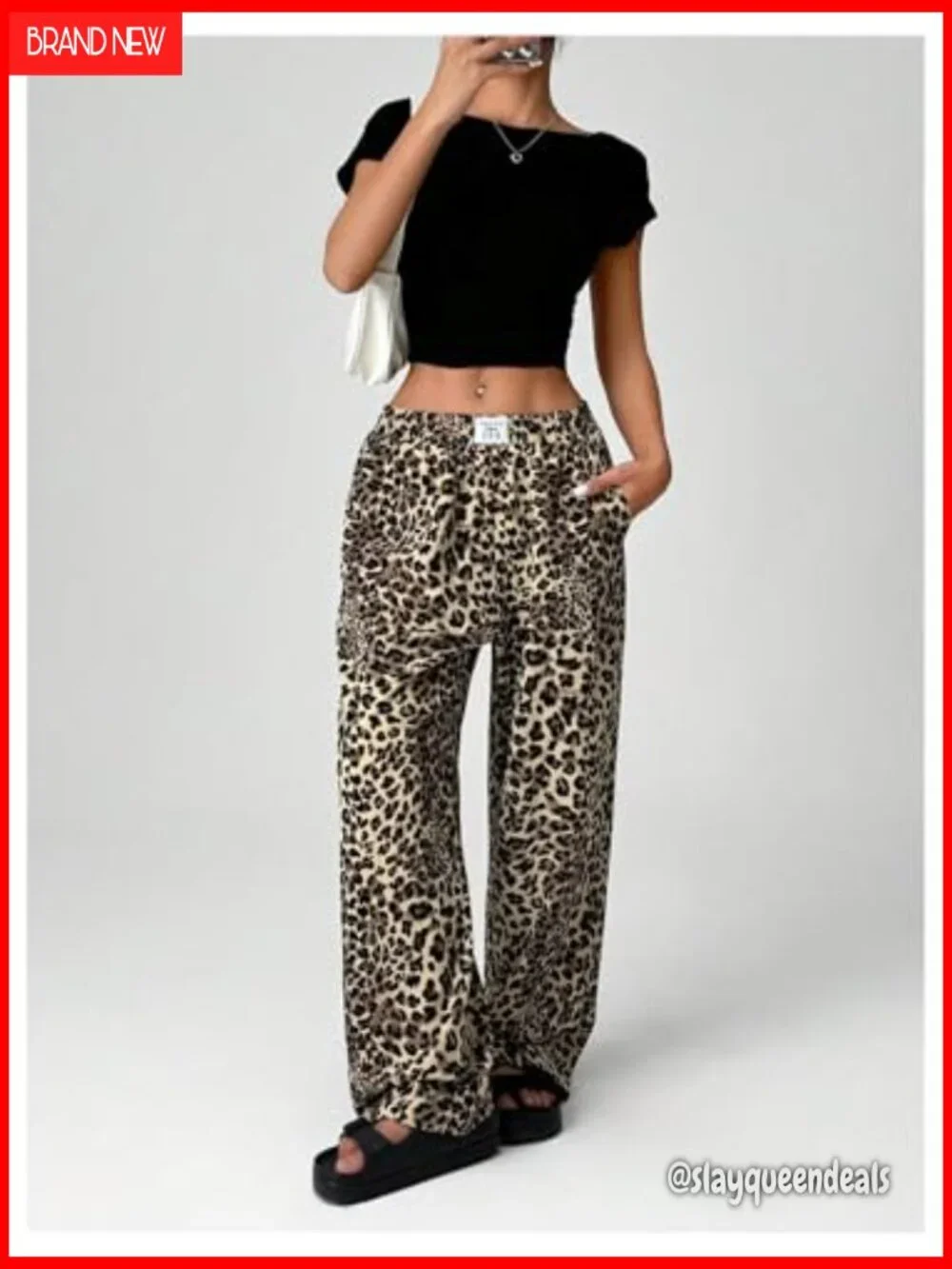 Women's Letter Leopard Print Straight Leg Pants Elastic Waist Y2K Trousers with - Picture 5 of 5